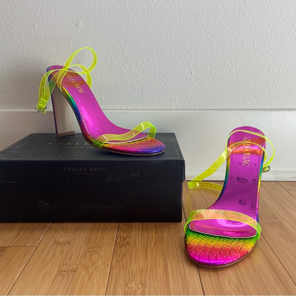 AKIRA Azalea Wang Neon Rainbow Snake Print Heels